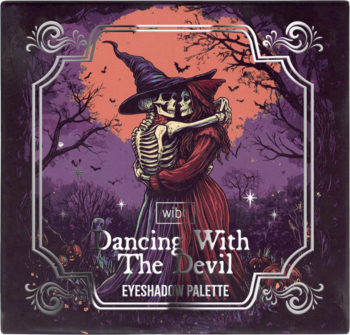 Wibo Dancing With The Devil Eyeshadow Palette, dark purple, with gothic dancing skeletons and ornate silver border.