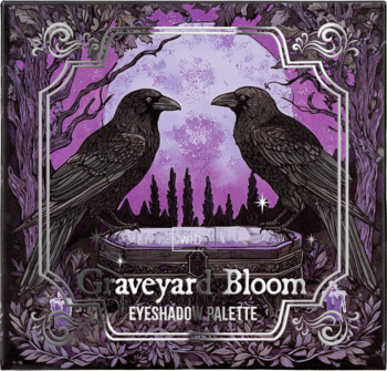 Graveyard Bloom Paleta cieni do powiek z dwoma krukami, fioletowym księżycem i gotyckim wzornictwem.