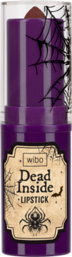 Wibo Dead Inside Lipstick w fioletowej oprawie, brązowa szminka, Halloweenowy design z pajęczynami i nietoperzem.