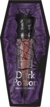 Wibo Dark Poison Shimmering Lipgloss w czarnym opakowaniu trumny, z purpurowym wnętrzem i pajęczyną.