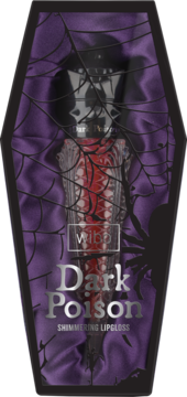 Wibo Dark Poison Shimmering Lipgloss, czerwony, w butelce w otwartym fioletowym pudełku w kształcie trumny z pajęczyną.