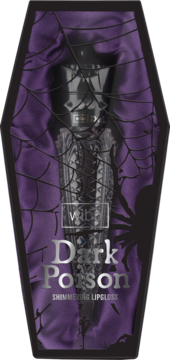 Mroczny błyszczyk Dark Poison w czarnym opakowaniu trumny z fioletowym aksamitem i pajęczyną.