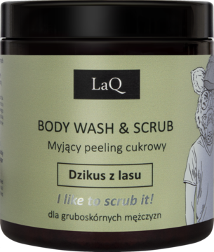 LaQ Dzikus z lasu, męski peeling cukrowy w ciemnym słoiku z zieloną etykietą i grafiką dzika, widok z przodu.