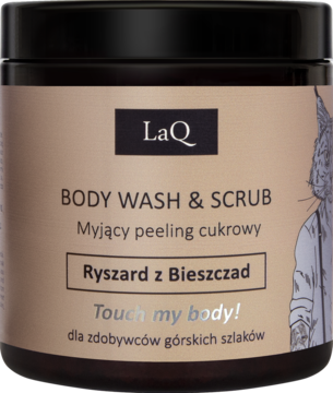 LaQ BODY WASH & SCRUB Ryszard z Bieszczad, męski peeling cukrowy w brązowym słoiku z jasną etykietą, przód.
