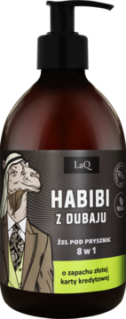 Żel pod prysznic LaQ Habibi z Dubaju 8w1, brązowa butelka z pompką. Etykieta z wielbłądem, zapach złotej karty kredytowej.
