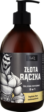 LaQ Złota Rączka żel pod prysznic 8w1 w brązowej butelce z pompką, etykieta z muskularnym niedźwiedziem, widok z przodu.
