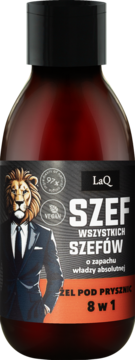 LaQ Szef Wszystkich Szefów 8w1 żel pod prysznic, brązowa butelka z etykietą lwa w garniturze, widok z przodu.