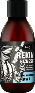 LaQ Rekin Biznesu żel pod prysznic 8w1 w brązowej butelce, na etykiecie rekin w garniturze. Widok z przodu.