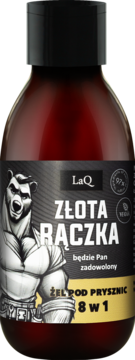 LaQ Złota Rączka Żel pod prysznic 8w1 w ciemnej butelce, czarno-złota etykieta z muskularnym niedźwiedziem.