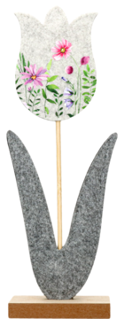 Dekoracja tulipan z jasnego filcu w różowo-zielone kwiaty, drewniany patyk, szare liście, podstawa.