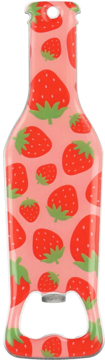 Eloy Otwieracz do butelek, metalowy, z różowym tłem i czerwonym wzorem truskawek, widok z przodu.