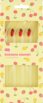 Eloy szklane słomki z czyścikiem, w żółtym opakowaniu w owoce, z czerwonymi ozdobami w słomkach.