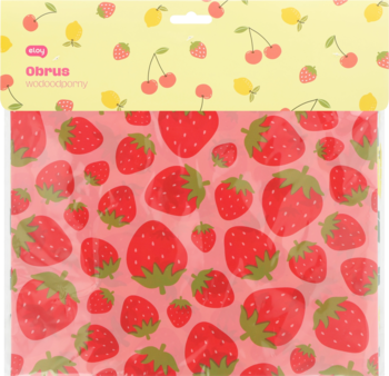 Eloy obrus piknikowy z folii, różowy w truskawki, w opakowaniu z cytrynami i wiśniami, widok z przodu.