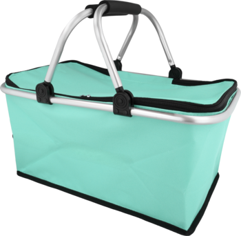 Eloy kosz piknikowy miętowy, składany, z czarnymi detalami i aluminiowymi uchwytami, ujęcie z przodu.
