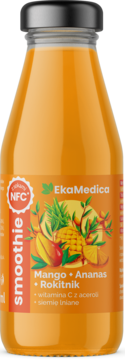 EkaMedica Smoothie NFC, Mango Ananas Rokitnik, siemię lniane, wit. C. Pomarańczowa butelka, widok z przodu.