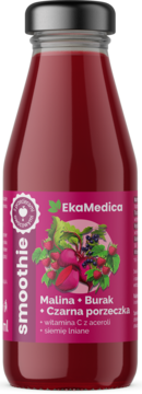 EkaMedica Smoothie malina, burak, czarna porzeczka z siemieniem lnianym, wit. C. Szklana butelka, front.