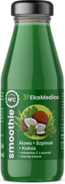 Smoothie EkaMedica NFC aloes, szpinak, kokos z witaminą C i siemieniem lnianym, zielona butelka, widok z przodu.