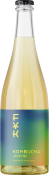 Szklana butelka Forever Young Kombucha Jaśminowa, z jasnym płynem i barwną etykietą "KOMBUCHA JASMINE", widok z przodu.