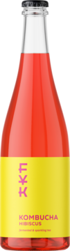 Forever Young Kombucha Hibiskus, różowy napój w szklanej butelce z żółtą etykietą, widok z przodu.