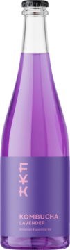 Forever Young Kombucha Lavender w szklanej butelce, fioletowy płyn, etykieta z napisem i logo FYK, widok z przodu.
