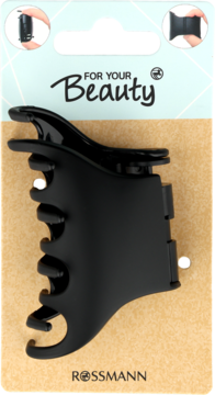 Czarna, lekka klamra do włosów Rossmann z mechanizmem zapadkowym, zapewnia stabilne trzymanie, na opakowaniu.