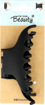 Czarna matowa klamra do włosów For Your Beauty, na kartoniku. Widok z przodu, stabilne trzymanie.