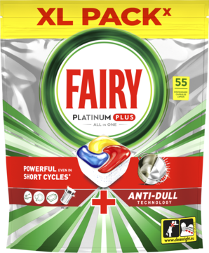 Srebrna saszetka Fairy Platinum Plus XL PACK 55 tabletek do zmywarki, usuwa matowość w krótkim cyklu.