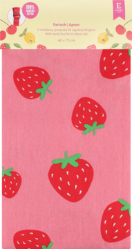 Różowy bawełniany fartuch w truskawki, złożony pionowo, z widocznym opakowaniem z napisem 'Apron'.