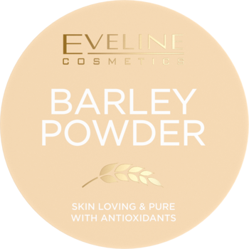 Okrągły puder sypki Eveline Barley Powder w beżowym opakowaniu, z dużym napisem i złotym kłosem.