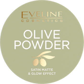 Eveline Olive Powder, okrągłe oliwkowe opakowanie z napisem 'Satin Matte & Glow Effect' i złotą oliwką.