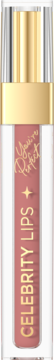 Płynna pomadka Celebrity Lips rose nude, w przezroczystej tubce ze złotą nakrętką. Miękkie matowe wykończenie. Widok z przodu.