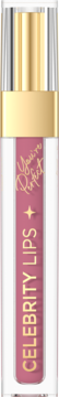 Różowa płynna pomadka Celebrity Lips o matowym wykończeniu w przezroczystej tubce ze złotą zakrętką, widok z przodu.