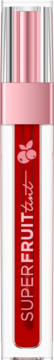 Eliksir do ust SUPERFRUIT tint w przezroczystej tubce z różową nakrętką i czerwonym logo owoców, widok z przodu.