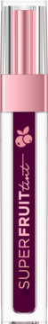 SUPERFRUIT tint eliksir do ust, przezroczysta tubka z różową nakrętką i fioletową etykietą, widok z przodu.