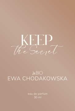 Etykieta wody perfumowanej beBIO Ewa Chodakowska Keep The Secret 30ml, z rose gold gradientowym tłem.
