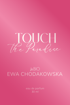 Woda perfumowana beBIO Touch The Paradise 30ml dla kobiet. Różowe opakowanie z białym napisem, widok z przodu.