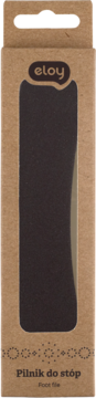 Front brązowego opakowania Eloy z wyciętym okienkiem, przez które widać ciemny pilnik do stóp. Napis 'Pilnik do stóp'.