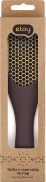 Eloy tarka do stóp z nano szkła w brązowym pudełku, widok z przodu. Widoczna ciemna powierzchnia z siatką plastra miodu.