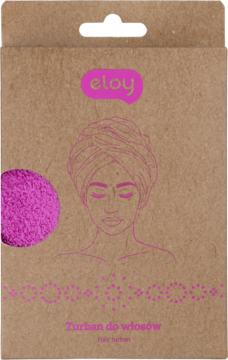 Eloy różowy turban do włosów, widok z przodu. Brązowe opakowanie z ilustracją kobiety i próbką koloru.