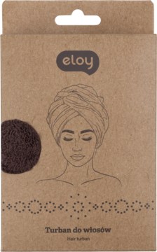 Eloy turban do włosów w brązowym kartoniku z ilustracją kobiety i ciemnobrązową próbką frotte, przód.