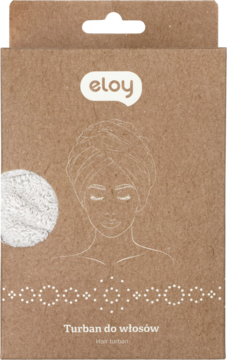 Eloy turban do włosów w kraftowym opakowaniu. Widok przodu z rysunkiem kobiety i próbką materiału.