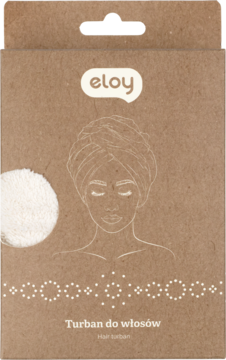 Kartonowe opakowanie na turban do włosów Eloy, z rysunkiem kobiety i próbką białego materiału, widok z przodu.