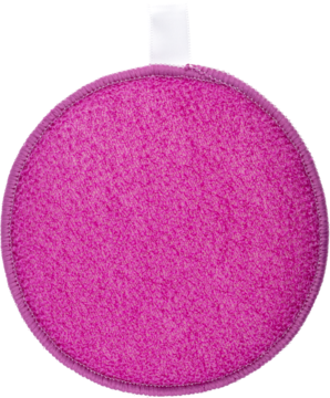 Fuksjowy, okrągły pad do demakijażu, z miękkiej mikrofibry, z obszytym brzegiem, widok z góry.