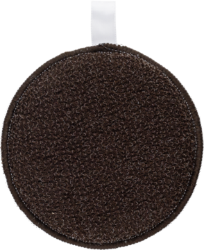 Ciemnobrązowa okrągła podkładka z gęstej, szorstkiej tkaniny, z obszytymi brzegami, widok z góry.