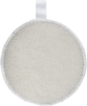 Okrągły, biały płatek kosmetyczny wielorazowy z obszytym brzegiem. Teksturowana powierzchnia do demakijażu.