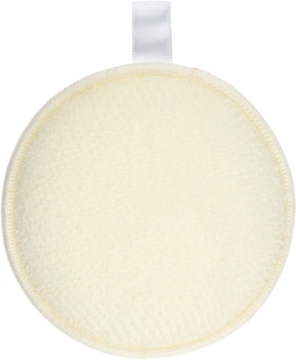 Miękki, okrągły płatek kosmetyczny wielorazowy w kolorze ecru, widok frontalny, z delikatnym obszyciem.