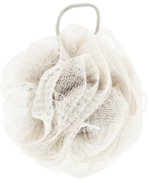 Szara myjka do ciała z siateczki, o puszystej teksturze, z pętelką do zawieszenia, na czarnym tle.