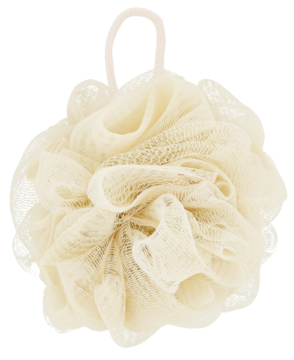 Beżowa myjka do ciała z siateczki, puszysta, okrągła, z pętelką do zawieszania, widok z przodu.