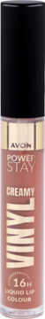 AVON Power Stay Creamy 16H Liquid Lip Colour w beżowo-brązowym odcieniu, przezroczysta tubka, widok z przodu.
