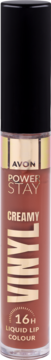 Avon Power Stay Creamy Vinyl 16H Liquid Lip Colour w odcieniu Killin’ It Caramel, w przezroczystej butelce.